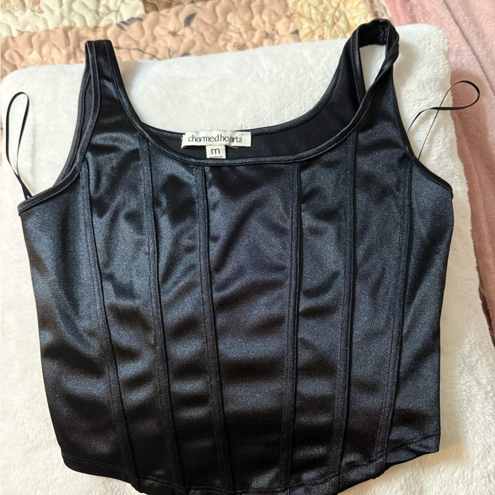 Charmed Hearts Black Satin Corset-Style Camisole